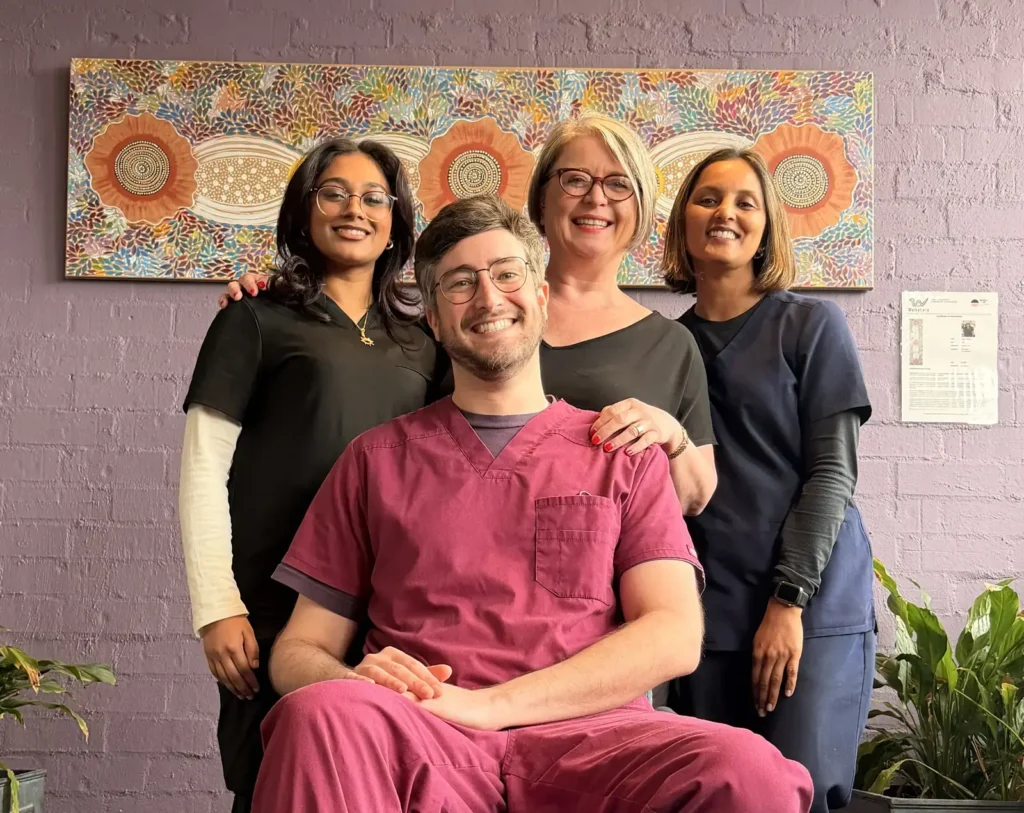 burgundy-street-dental-team Dr Susma Pawar, Dr Ben Casella and the Burgundy Street Dental Clinic team in the waiting room in Heidelberg